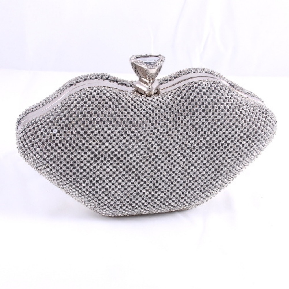 Large Silver Rhinestone Lip Clutch
